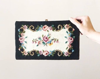 1950s Rose Print Needlepoint Clutch | Vintage 50s Cream Pink Blue Floral Purse | Womens Handbags Accessories