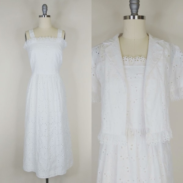 1970s White Eyelet Dress Set | Vintage 70s does 40s Sundress and Jacket