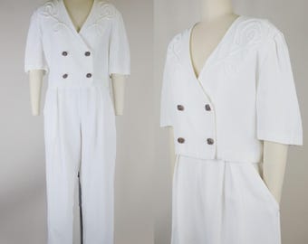Tailleur pantalon en rayonne des années 1990 | vintage des années 90 et des années 40, veste et pantalon croisés blancs