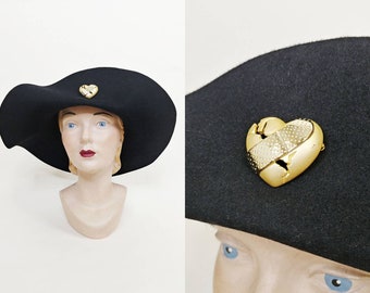 1990s Broken Heart Black Fur Felt Cloche Hat | Vintage 90s does 1920s 1930s Kathy Jeane Brimmed Hat | Women's Fall Winter Hats
