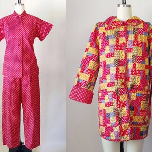 1950s Patchwork Three Piece Lounge Set | Vintage 50s Tommies Red Yellow Pajama Top Pants Quilted Housecoat | Women&#39;s Sleepwear Medium
