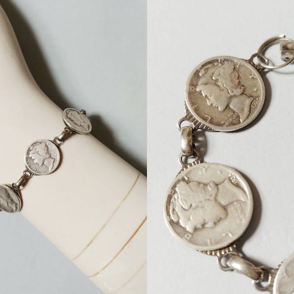 1950s Liberty Dime Bracelet | Vintage 50s Silver Tone Mercury Five Coin Novelty Bracelet | Women's Costume Jewelry