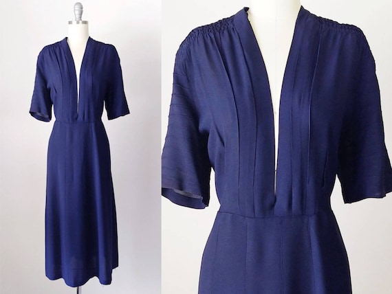 1940s Navy Blue Rayon Jersey Dress | Vintage 40s P