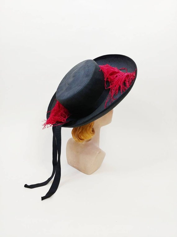 OUTSTANDING 1940s\' WIDE BRIM BLACK STRAW HAT WITH LARGE OSTRICH FEATHER OUTSTANDING 1940s main image 3