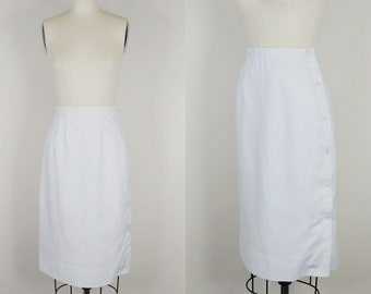 1970s Kaspar White Linen Side Button Skirt | Vintage 70s High Waist Skirt | Womens Clothing XS 24 Waist