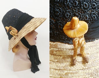 1960s Novelty Straw Sun Hat | Vintage 60s Black Brimmed Flower Pot Hat | Womens  Summer Beach Hat