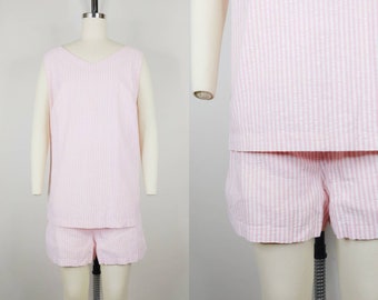 1960s Maternity Pink and White Seersucker One Piece Swimsuit | Vintage 60s Light Pink Striped Bathing Suit Romper | Womens Swimwear Large