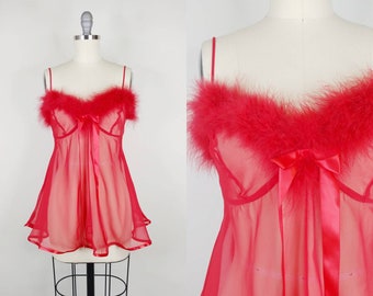 1990s Y2K Cherry Red Maribou Feather Sheer Babydoll Nightie Top | Vintage 90s Lingerie | Women's Clothing Small Medium