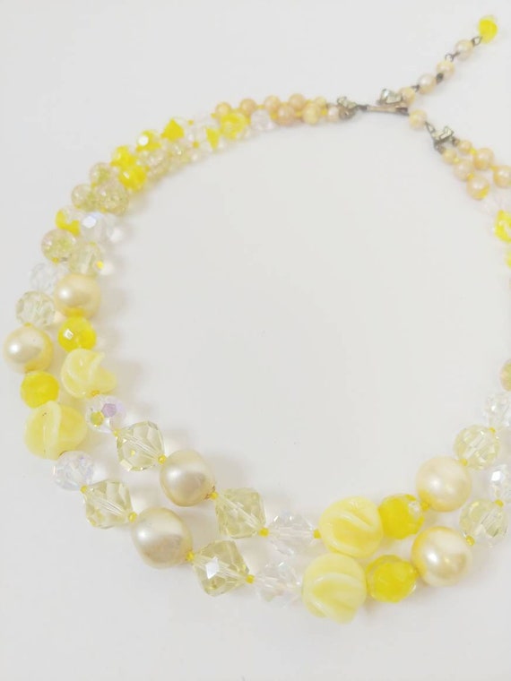 1960s Yellow Glass Crystal Two Strand Tiered Bead… - image 6