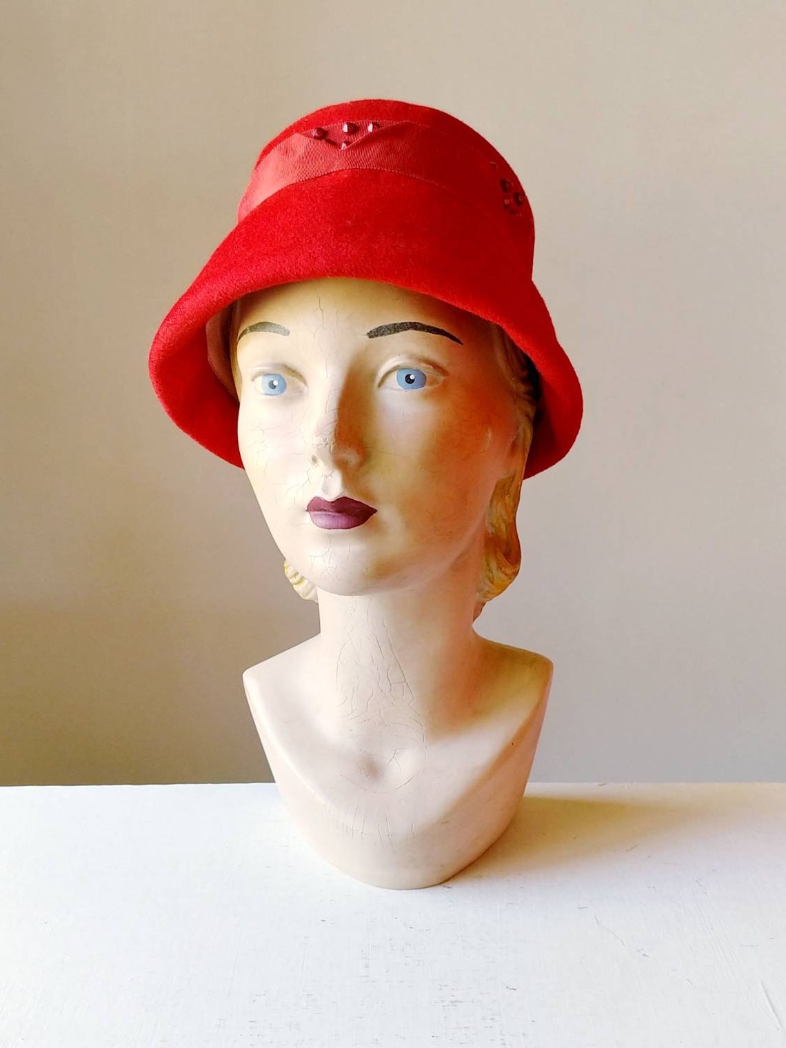 1950s Red Lampshade Hat Vintage 50s Felted Wool Flower Pot Etsy