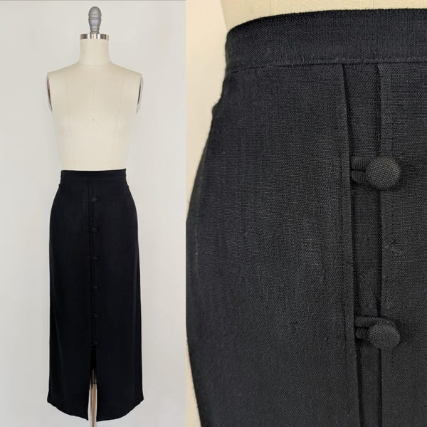 1990s Black Rayon Midi Skirt | Vintage 90s Button Down Pencil Skirt