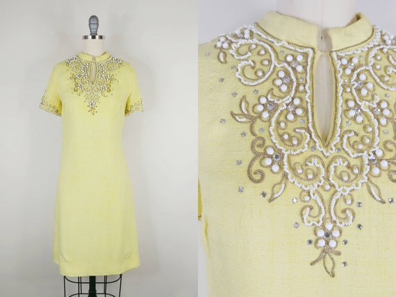 1960s Light Canary Yellow Beaded Cocktail Dress |… - image 1