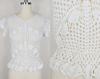 1980s Crochet Blouse | Vintage 80s does 30s White Short Sleeve Peplum Top