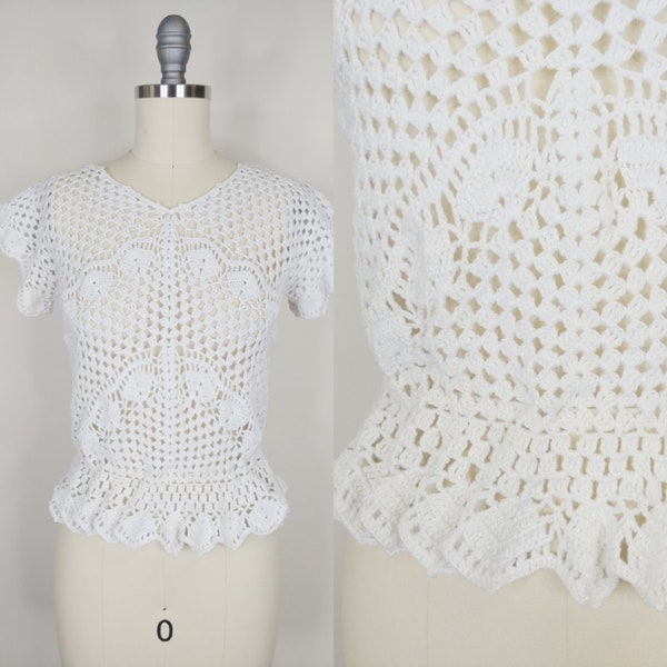 1980s Crochet Blouse | Vintage 80s does 30s White Short Sleeve Peplum Top