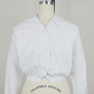 1900s Edwardian White Linen Shirtwaist Blouse | Antique Victorian Embroidered Button Down Long Sleeve Bodice | Women&#39;s Clothing