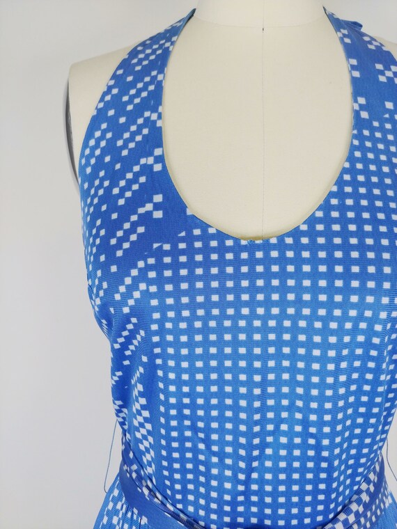 1970s Halter Maxi Dress | Vintage 70s Blue Checke… - image 3