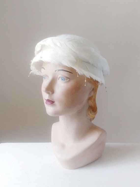 1950s White Feather Hat | Vintage 50s Felted Pillb