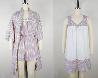 1970s Sears Bazaar Jr. Rainbow Striped Seersucker Lounge Set | Vintage 70s Romper Nightdress Robe | Women's Peignoir Set Small Medium