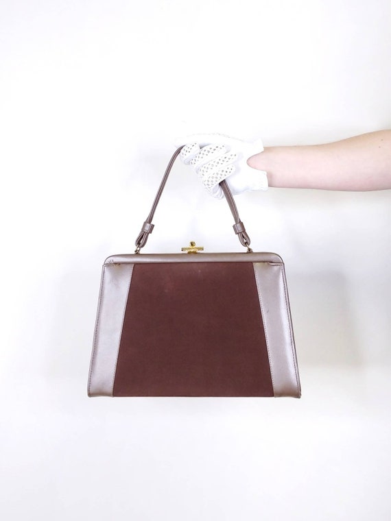 1960s Chocolate Brown Suede Vinyl Handbag  | Vint… - image 2