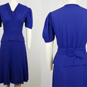 1930s Peter Pan Navy Blue Rayon Dress | Vintage 30s Art Deco Short Sleeve Day Dress | Women&#39;s Clothing Medium