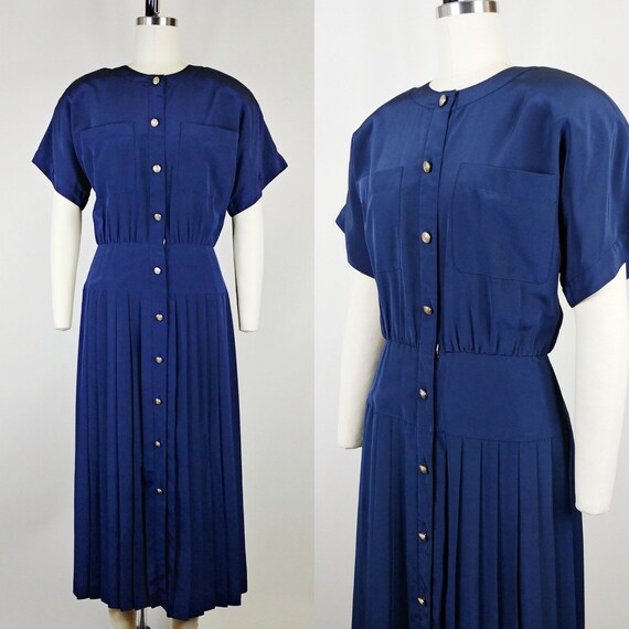 1990s Ms Chaus Navy Blue Polyester Shirtwaist Dre… - image 1