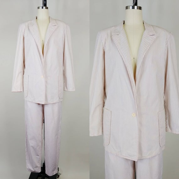 1980s Flamingo Pink Grey Pinstriped Cotton Pant S… - image 2