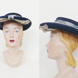 1950s Lazarus Navy Blue Brimmed Hat | Vintage 50s Plaid Bow Woven Hat | Women's Summer Hat