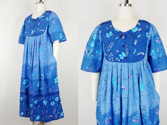 carlasuevintage 1980s Vermont Country Store Blue Ombre Floral Cotton Mumu | Vintage 80s Moomoo Shift Dress with Pockets | Women's Lounge House Dress Medium