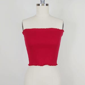 1970s Lettuce Hem Tube Top | Vintage 70s Burgundy Strapless Sun Top