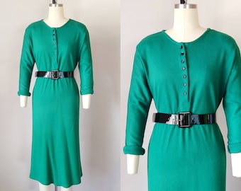 1970s Emerald Green Knit Henley Dress | Vintage 70s Long Sleeve Button Down Shirt Dress | Women's Clothing Small