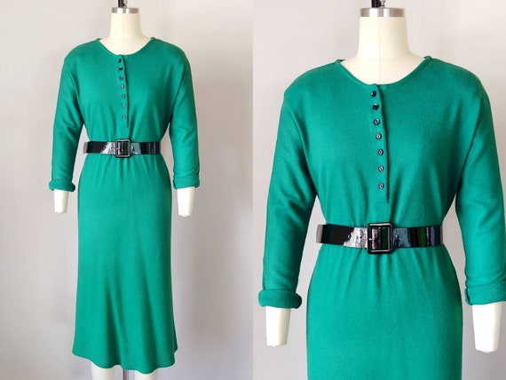 1970s Emerald Green Knit Henley Dress 
