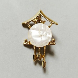 1960s Cuckoo Clock Mother of Pearl Novelty Brooch | Vintage 60s Gold Tone Metal Pin | Womens Costume Jewelry
