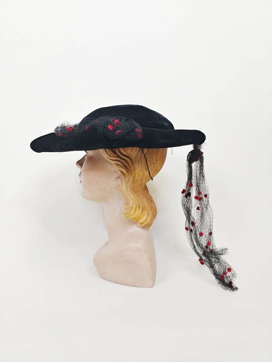 1930s Tricorn Black and Red Velvet Hat | Vintage 30s Saks