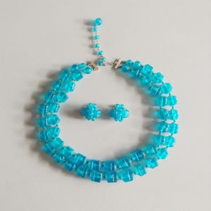 1960s Demi Parure Turquoise Blue Bead Two Strand Necklace and Clip On Earrings | Vintage 60s Jewelry Set
