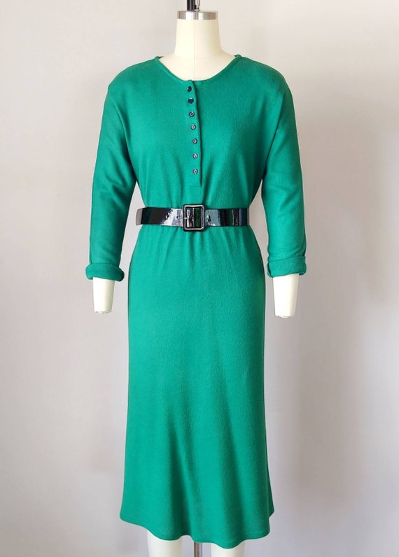 1970s Emerald Green Knit Henley Dress Vintage 70s L… Gem