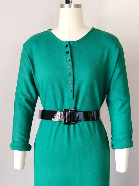 1970s Emerald Green Knit Henley Dress Vintage 70s L… Gem