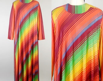 1970s Rainbow Stripe Jersey Maxi Dress | Vintage 70s Long Sleeve House Dress | Women's Loungewear