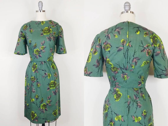 1960s Rose Print Cotton Sheath Dress | Vintage 60… - image 1