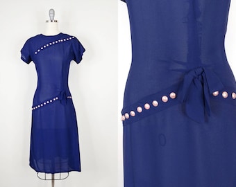1940s Navy Blue Rayon Stud Dress | Vintage 40s Dark Blue Pink Cocktail Dress | Women's Clothing XXS XS