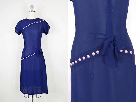 1940s Navy Blue Rayon Stud Dress | Vintage 40s Da… - image 1