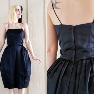 1960s Cocktail Dress | Vintage 60s Bell Shape Black Satin Formal Dress | Women&#39;s Clothing 25 Waist