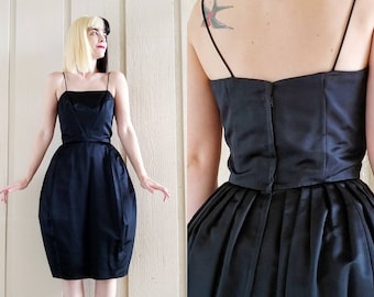 1960s Cocktail Dress | Vintage 60s Bell Shape Black Satin Formal Dress | Women&#39;s Clothing 25 Waist