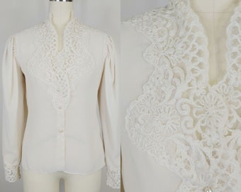 Vintage 1980s Lillie Rubin Victorian Revival Blouse | 80s Cream Puff Sleeve Shirt