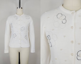 1950s Floral Beaded Cardigan | Vintage 50s Acrylic Knit Sweater  | Women's Formal Wedding Jacket