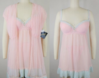 Deadstock Y2K Seductivewear Pink and Blue Peignoir Set | Vintage 2000s Cameo Nightie Coverup Thong