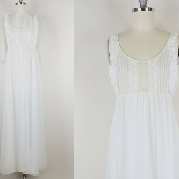 1970s Cream Nylon Double Layer Chiffon Peignoir Set | Vintage 70s Dressing Gown Long Nightgown | Women's Sleepwear Medium