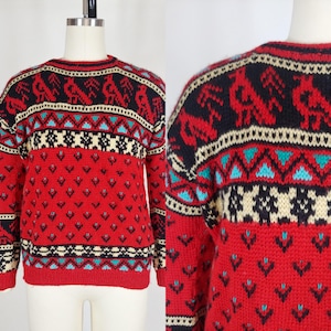 1980s Hand Knit Bird Sweater | Vintage 80s Red Pullover Sweater