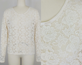 1980s Laura Ashley Cream Rose Stretch Lace Blouse | Vintage 80s Long Sleeve Pullover Top