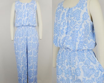 1980er Jahre Schmetterling Blumen Print Baumwoll Jumpsuit | Vintage 90er Jahre Ärmelloser Overall in Blau und Weiß