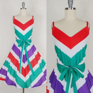1970s Chevron Striped Sun Dress | Vintage 70s Fit N Flare Spaghetti Strap Dress